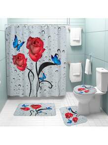 1pc/4pcs Romantic Rose & Butterfly Printed Bathroom Curtain Set, Adds Dreamy Atmosphere To Bathroom. Includes Shower Curtain With 12 Hooks, Bath Rug, U-Shaped Toilet Mat, Toilet Lid Cover, Bathroom Divider, Bathroom Accessories, Bathroom Decor