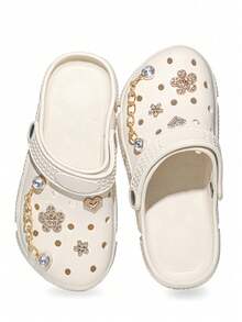 CIVHOM 女士时尚休闲木屐，轻便透气防滑软底花园鞋，夏季拖鞋沙滩鞋，带个性化闪亮饰物 - 米色 - 查看 2