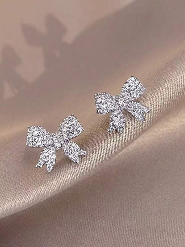 2pcs Classic Bow Shape Earrings Girl Elegant Zirconia Earrings Wedding Party Accessories Gift For Girlfriend Friend Daughter﻿