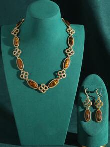 Vintage French Knot Tiger Eye Amber Color Natural Stone Necklace, Earrings Short Choker Necklace Set, Brass Plated 18K Gold Ear Hooks, Jewelry Accessories