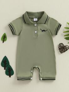 Short Sleeve Romper Dinosaur Half Button-Up Collared Bodysuit Cute Summer Clothes - 綠色 - 查看 6