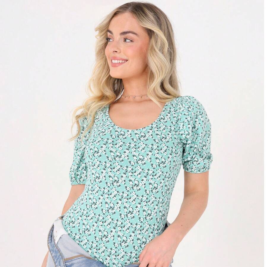 brave soul Ditsy Floral Puff Sleeve Bodysuit, Green - màu xanh lá - Xem 1