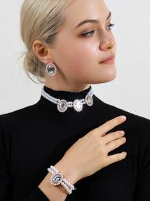 4pcs/Set Elegant Minimalist Jewelry Set For Women: 1pc Pearl Necklace, 1 Pair Crystal Earrings, 1pc Beaded Bracelet, Suitable For Daily Wear