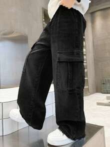 Tween Boys' Casual Loose High Waist Straight Leg Denim Cargo Pants