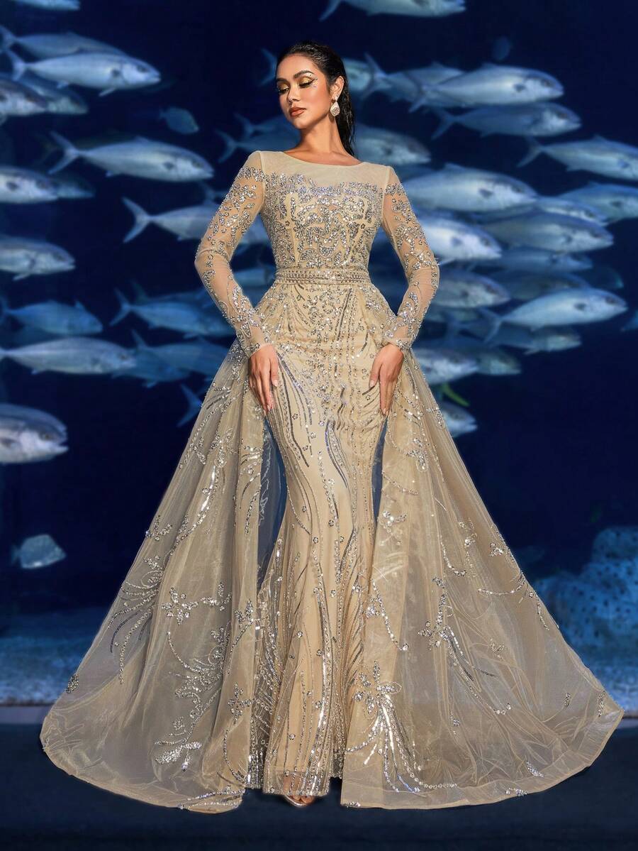 Faeriesty Haute Glamour Luxurious Sequined Mermaid Gown With Intricate Beading & Long Sleeves - Regal Underwater Fantasy Dress For Garden Banquets, Red Carpet Events, Underwater Photoshoots & Marine-Themed Weddings - Rượu sâm banh - Xem 1
