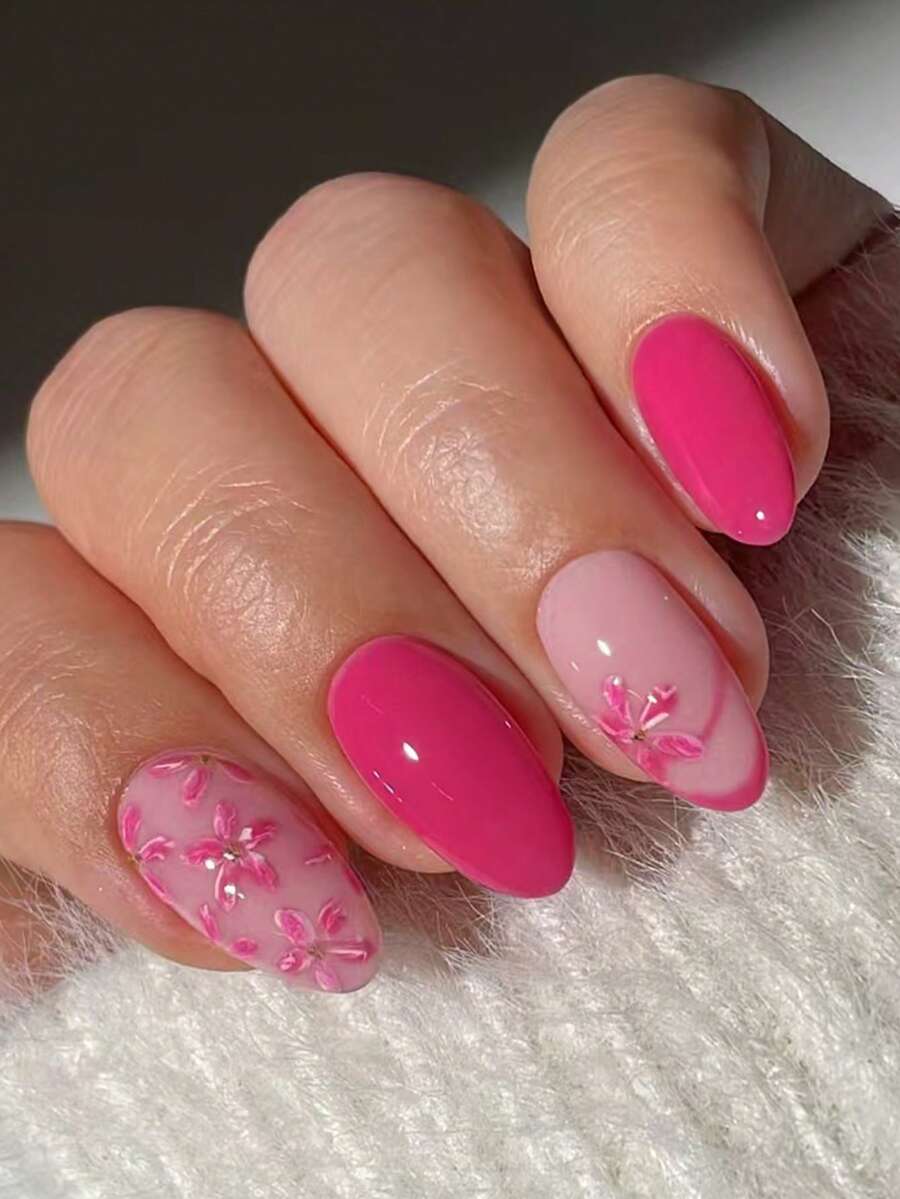 Instantly Upgrade Your Manicure! 24pcs Short Oval Nail Stickers, Pink Line Pattern With Pink & White Floral, Minimalist & Versatile. Set Includes 1 Nail File And 1 Bottle Of Jelly Gel, Designed For Women And Girls. Nails - Multicolor - View 1