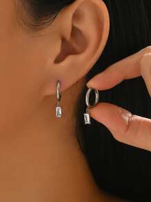 1 Pair Fashionable Cubic Zirconia Embellished Stainless Steel Square Pendant Earrings For Women, Minimalist Everyday Wear