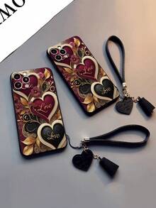 1pc Perforated Floral Heart Design Thickened Shock-Proof Painted Phone Case With Decorative Leather Wrist Strap, DIY Phone Case Accessory Short Wristlet Compatible With Iphone, Galaxy, Redmi - Multicolor - View 3