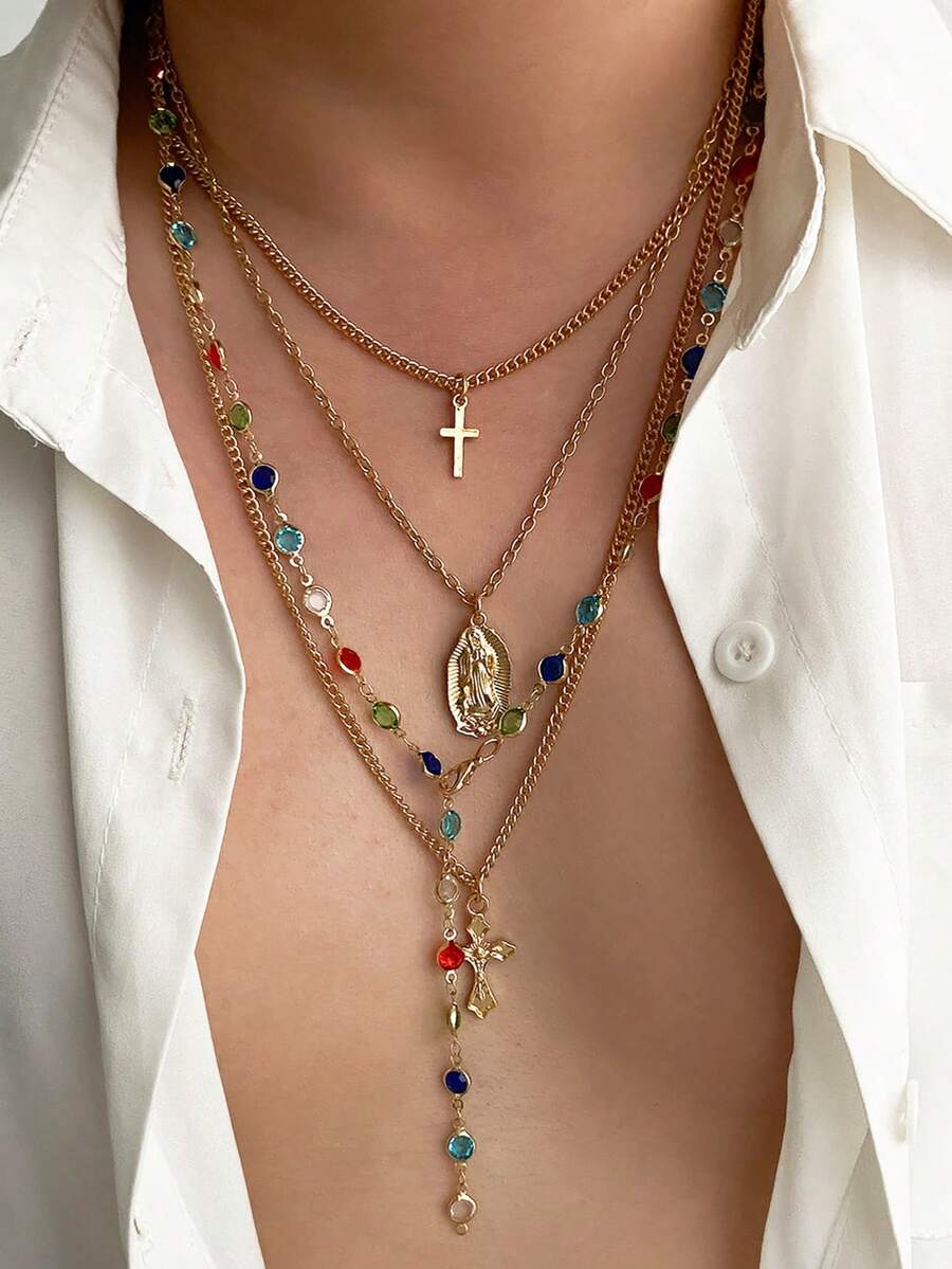 4pcs Set Retro Luxurious Colorful Crystal Y-Necklace, Men's Punk Metal Jesus Cross Pendant Long Necklace Set - Four-piece Necklace Set - View 1