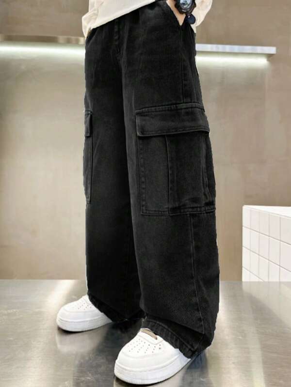 Tween Boys' Casual Loose High Waist Straight Leg Denim Cargo Pants