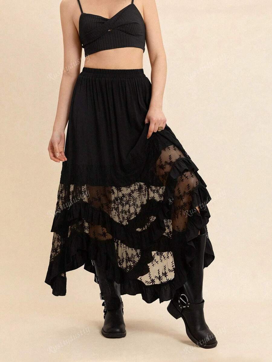 Rusttydustty Gonna midi a pieghe elegante e vintage in stile bohémien, con elementi in pizzo nero e motivo asimmetrico, adatta per outfit da spiaggia, festival musicali Hawaii Coachella e vacanze tropicali