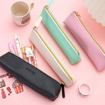 1 pieza Estuche de lápiz de cuero de PU liso, bolsa de almacenamiento de útiles escolares, estuche de lápices, bolsa escolar