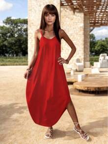 Loose V-Neck Midi Dress With Straps - Red - View 3