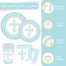 Blue First Holy Baptism Tableware Set God Bless Paper Plates Napkins Cups Baptism Party Supplies Pink Baptism Decorations God Bless Supplies For Baptism