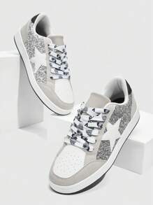 Zapatos de skate de moda para mujer, diseño de lentejuelas gris plateado versátil con cordones especiales, zapatos deportivos casuales transpirables y suaves para todo el año, adecuados para festivales, vacaciones, viajes diarios, con cordones, estilo deportivo de moda para parejas