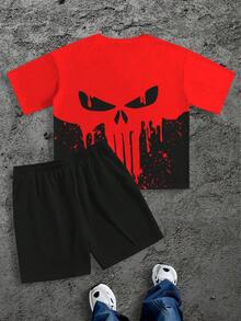 Plus Size Men's Red Skull Cartoon T-Shirt And Shorts Set, Cozy Outfits - Red - View 5