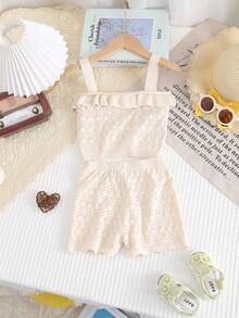 Baby Girls' Solid Color Wide Strap Bow Decor Simple Top And Shorts Casual 2 Pieces Set - Beige - View 7