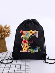 1pc A-Z Floral Letter Design, Children Outdoor Sports Bag, Outdoor Football/Basketball Backpack, Unisex Outdoor Adventure Hiking Drawstring Bag, Large Capacity, Lightweight - Color - View 4
