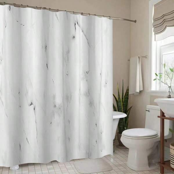 1pc Gray & White Marble Texture Digital Printed Waterproof Bathroom Shower Curtain, Machine Washable Polyester Material Bathroom Decor Summer