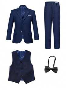 男童四件套西装套装，幼儿燕尾服礼服，花童服，婚礼西装外套、裤子、衬衫、领带，正式西装，藏蓝色，适合生日、婚礼、毕业典礼、婚礼宾客、花童等场合，尺码4-16岁 - 藏蓝色 - 查看 3