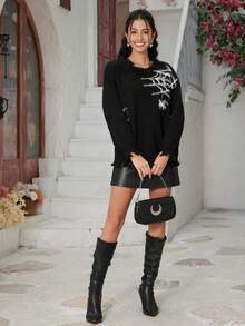 VIBEWAVE 女款秋冬款蜘蛛网流苏休闲毛衣（万圣节款） - 黑色 - 查看 6