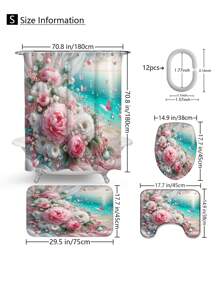 1 peça/4 peças Conjunto de Cortina de Chuveiro com Cenário de Praia Refrescante e Floral, Cria uma Atmosfera Romântica para o Banheiro, Cortina Impressa com 12 Ganchos, Tapete de Banheiro, Tapete em Forma de U para Vaso Sanitário, Tampa de Assento do Vaso Sanitário, Divisória de Banheiro, Acessórios de Banheiro, Decoração de Banheiro