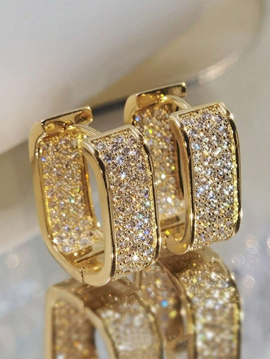 1 par de aros de aro de gota simple, pendientes de gota dorados gruesos, pendientes en forma de U, pendientes de aro ovalados con circonia artificial brillante, joyas elegantes y delicadas para mujer, regalo perfecto para ella