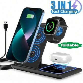 Chargeur sans fil 3 en 1 compatible avec 15 14 13 12 Pro Max 11, charge rapide 15 W, station d'accueil compatible avec , support à induction compatible avec 16 15 14 13 12 11 X 8 Pro Max/Pro/Mini/Plus, compatible avec , compatible avec , convient pour le bureau, le dortoir et la maison
