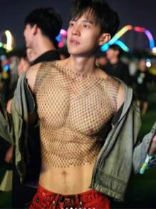1pc Men's Sequined Sexy Sheer Mesh Hollow-Out Strap Vest Top, Clubwear, Party Outfit, For Displaying Chest Muscles, Also Suitable For Women
