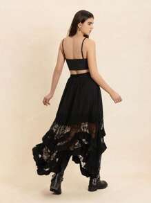 Rusttydustty Gonna midi a pieghe elegante e vintage in stile bohémien, con elementi in pizzo nero e motivo asimmetrico, adatta per outfit da spiaggia, festival musicali Hawaii Coachella e vacanze tropicali