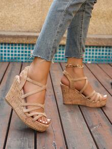 女士系带软木坡跟凉鞋 - 露趾设计，高厚鞋底卡其色坡跟凉鞋，休闲海滩必备品，夏季编织凉鞋