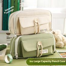 Estuche con botones sencillos, bolsa de gran capacidad, ideal para estudiantes de primaria, secundaria y preparatoria, estuche, bolsa de papelería resistente a la suciedad, esencial para la escuela, aula, biblioteca, sala de estudio, aprendizaje en casa, diseño multicompartimental para un almacenamiento organizado, regreso a clases, útiles escolares, estuche, mochila escolar - Multicolor - Ver 2