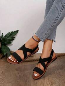 Sandal Datar Wanita Model Lebar 2025 dengan Tali Elastis Silang, Cocok untuk Liburan Musim Panas, Hitam - Hitam - View 3