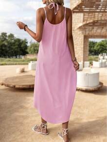 Loose V-Neck Midi Dress With Straps - Baby Pink - View 2