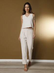 Tailored Set Elegant Set Set Of Palazzo Pants And Blouse - 米色 - 查看 2