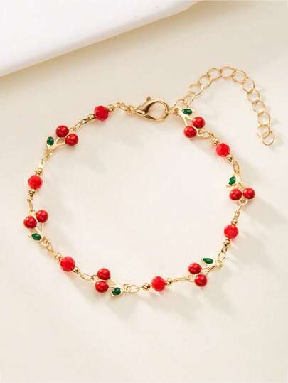 1 pièce Bracelet de luxe mode en faux jade, petite cerise rouge avec chaîne en métal doré. Bijou d'été pour femmes, convient pour le port quotidien, les courses, les sorties et les fêtes. Également un excellent cadeau pour la petite amie
