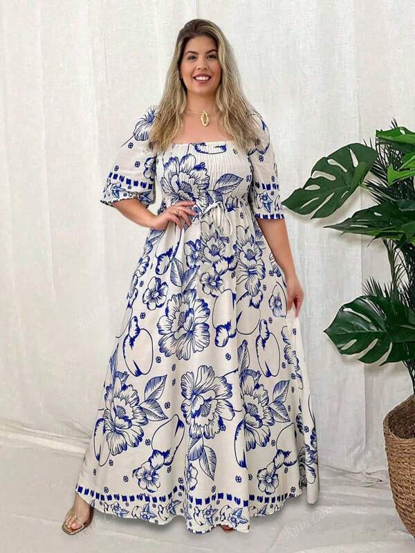 Plus Size Women Summer Linen Boho Floral Print Square Maxi Dress