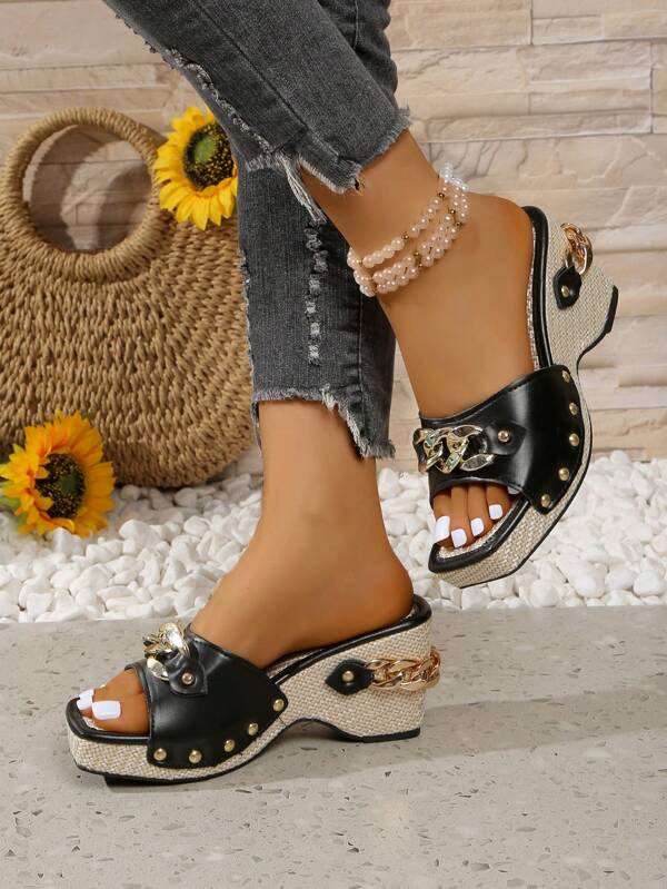 Platform Wedge Studded Sandals, Fashion Summer Sandals, Comfortable Versatile Heeled Sandals For Women, Size 42