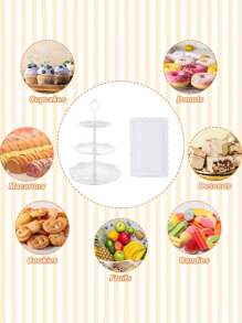 Set de 2 piezas de plataformas para pasteles de plástico blanco, set de plataforma de 3 niveles para exhibir magdalenas, galletas, postres y 1 pieza de bandeja para postres, adecuado para baby showers, tés, bodas, fiestas de cumpleaños, revelación de género, decoraciones de baby shower