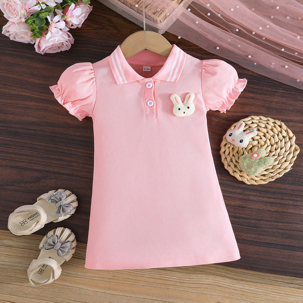 Baby Girl Elegant Striped Peter Pan Collar Puff Sleeve Dress With Cute Rabbit Doll Decor, Suitable For Everyday Wear