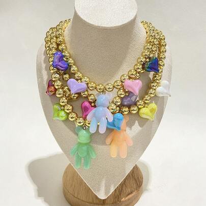 1PC Unique Heart Beaded Bear Pendant Necklace Beautiful Colorful Heart Pendant Necklace Perfect For Women Daily Wear