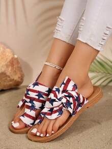 Women's Star Spangled Flat Flip Flops With Bow Decor, Suede Strap Toe, Fisherman Style, USA Independence Day, Summer Beach Slippers