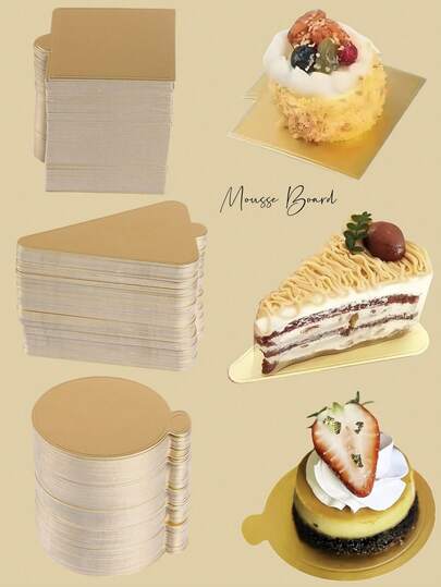 100pcs-Triangle, Round & Square Mousse Dessert Gold Paper Trays For Wedding Cake Display, Birthday Party, Afternoon Tea Party Cake Pad– Baking Dessert Holder Cake Board