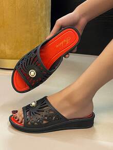 Women's Rhinestone Decor Summer Outdoor Slippers, Fashionable Thick-Soled Indoor/Bathroom Non-Slip House Wedge - Black - View 2