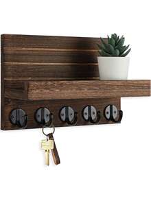 Decorative Wall Mounted Key & Mail Holder Rack With Shelf, Includes Large Hooks For Hanging Bags, Coats, Umbrellas - Wooden Key Organizer With Installation Accessories - 5 Hooks - View 14