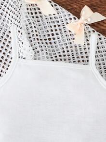 3 件套女婴服装：蝴蝶结网眼上衣、吊带背心和百褶迷你裙，适合小女孩的优雅时尚套装 - 卡其色 - 查看 4