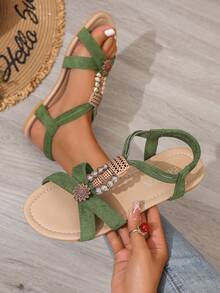 Sandal quai ngang đính hạt dành cho nữ, kiểu dáng thời trang, mùa hè/cổ điển, phong cách Bohemian, màu xanh lá cây, phù hợp với trang phục đi biển. - Xanh cổ điển - Xem 2