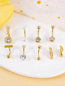 9件套金色肚脐环 - 不锈钢立方氧化锆珍珠肚脐穿刺饰品，女士款，银色/金色 - 彩色 - 查看 1