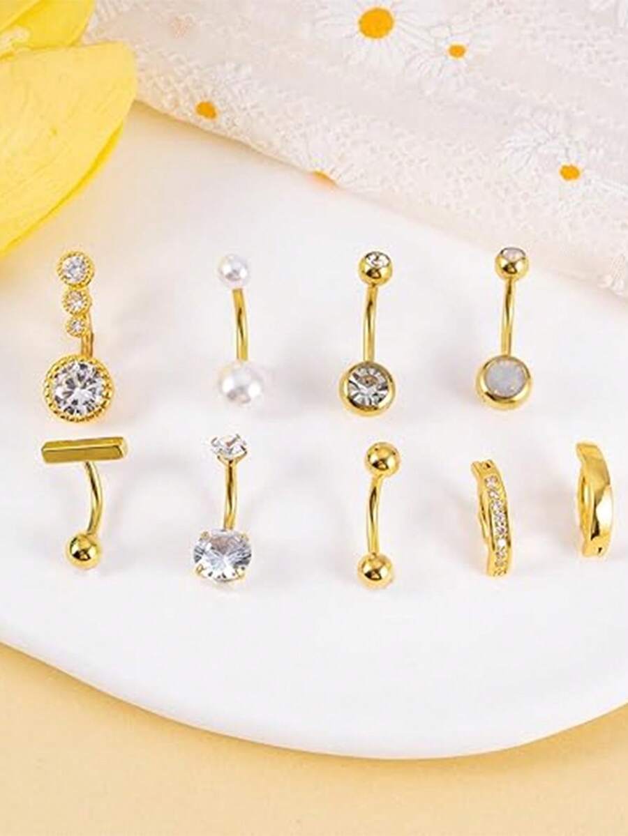 9件套金色肚脐环 - 不锈钢立方氧化锆珍珠肚脐穿刺饰品，女士款，银色/金色 - 彩色 - 查看 1
