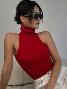 Women Summer High Neck Vest Sleeveless Solid Color Knit Ribbed Slim Fit Tank Tops Clubwear - Red - View 5